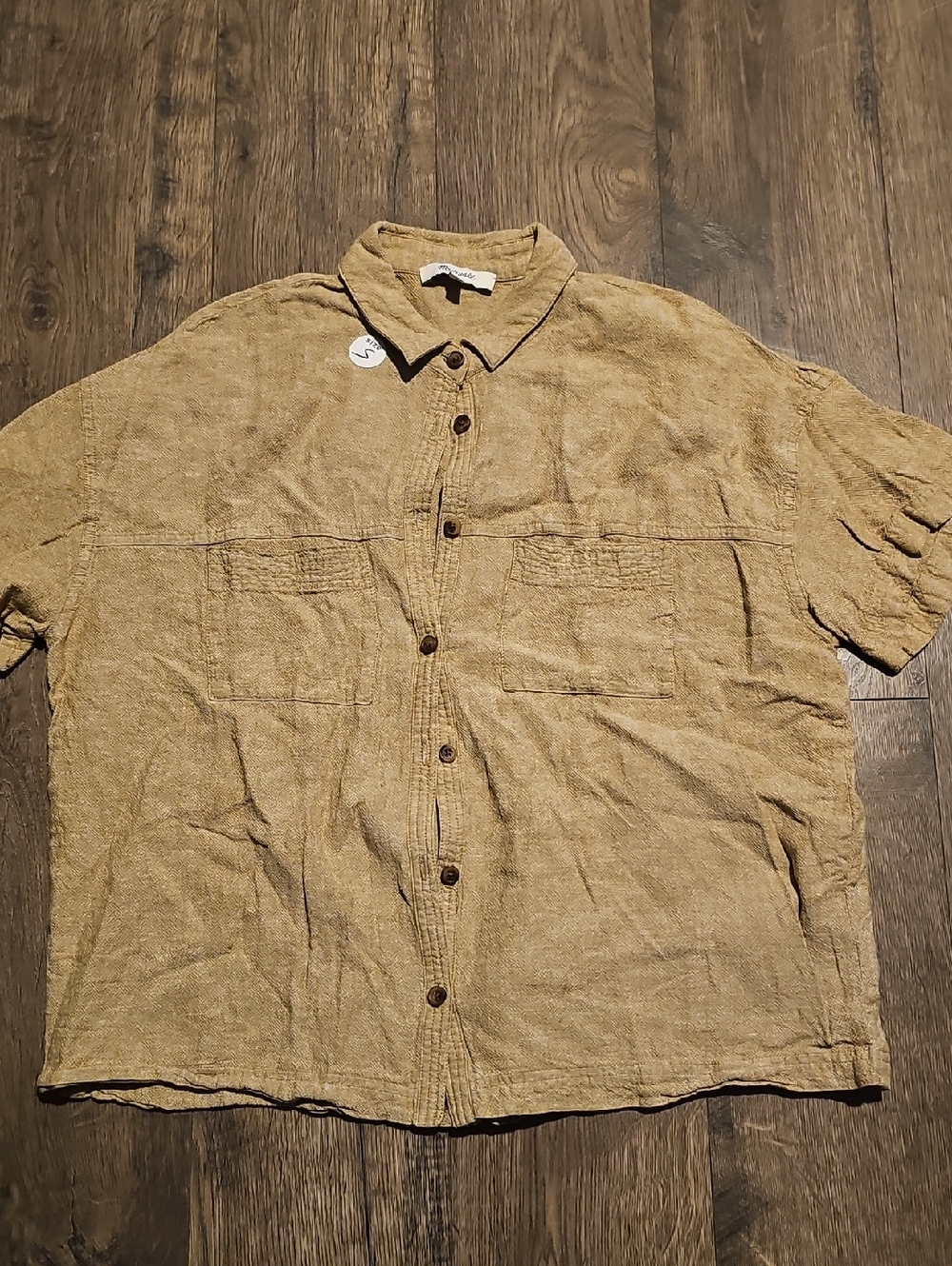 Madewell Short-Sleeve Linen Crop Button-Up Tan Small Top Shirt Women